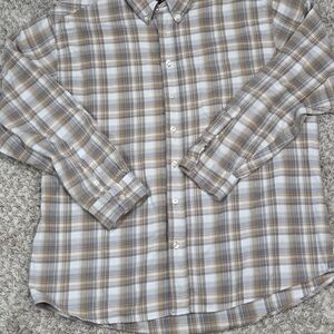 Old Navy Men Vintage Flannel Shirt Plaid Workwear Cotton L Tan Blue White 90s Y2